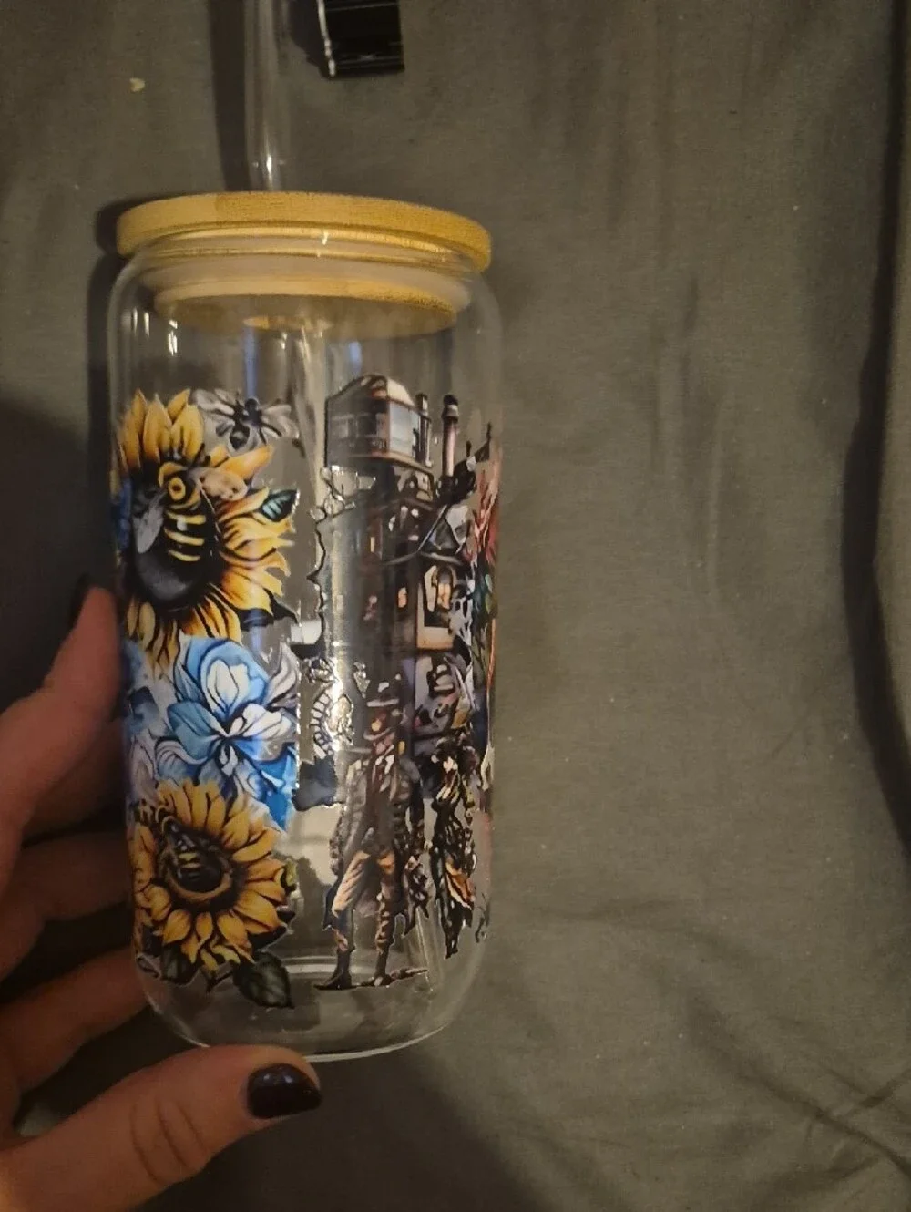 Skull & Floral Glass Tumbler with Ghost Straw Topper